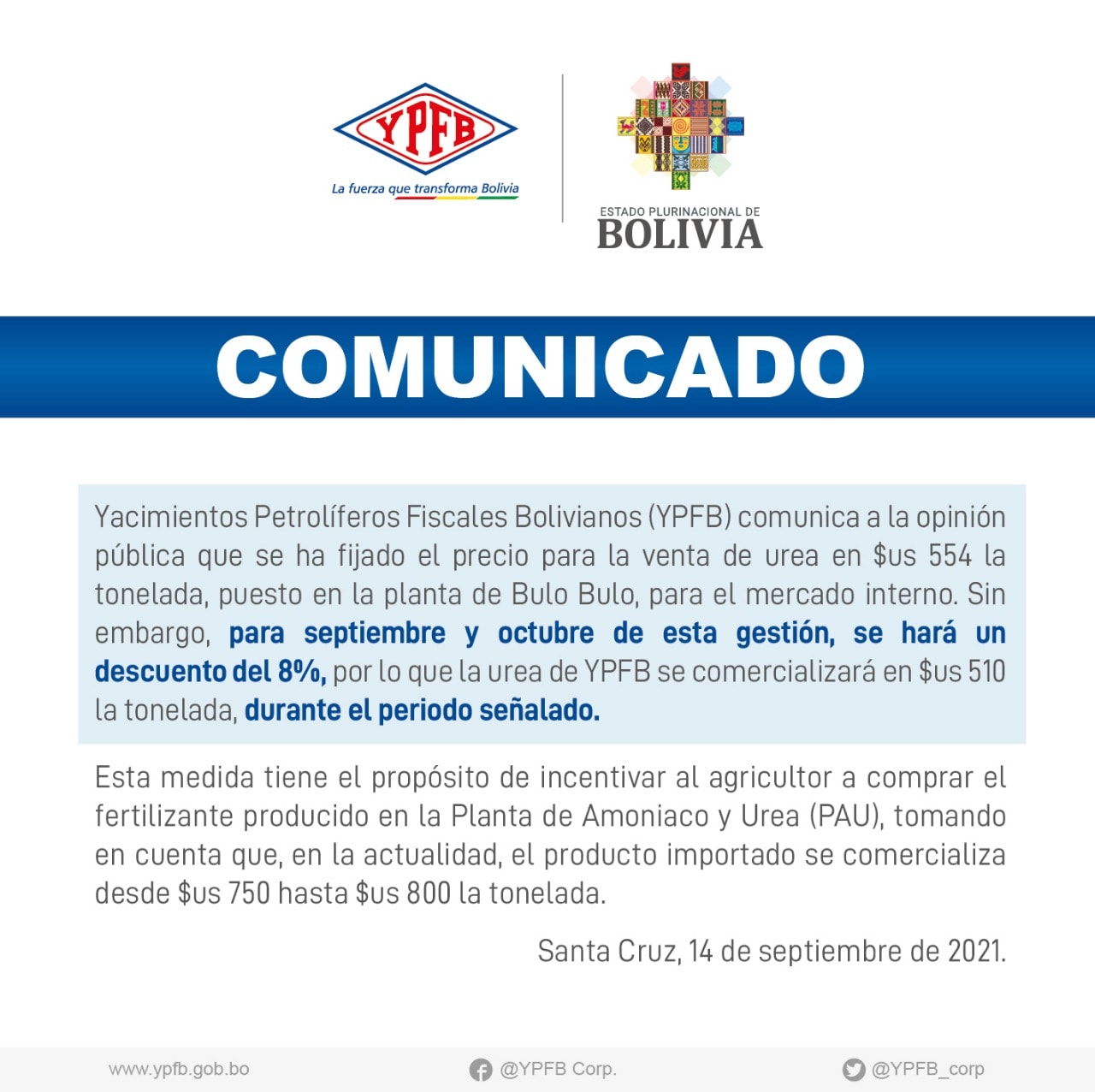 YPFB fija precio de $us 554 por tonelada de urea con descuento de 8% durante septiembre y octubre