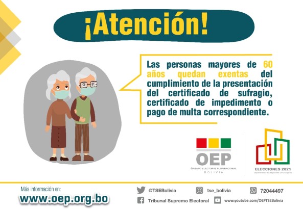 TSE: Personas mayores de 60 años no están obligadas a votar en las elecciones subnacionales