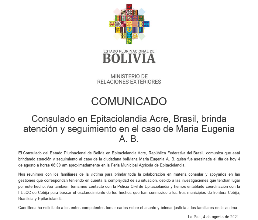 Boliviana muere tras ser herida de bala en Brasil; Cancillería hace seguimiento al caso
