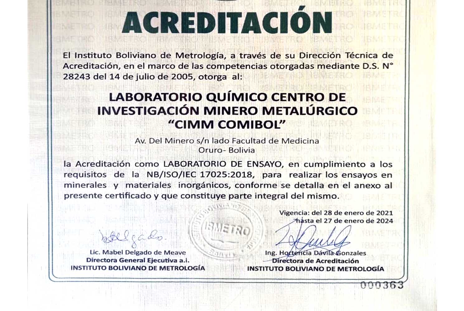 Laboratorio del Centro de Investigaciones Minero Metalúrgicas logra acreditación de Ibmetro