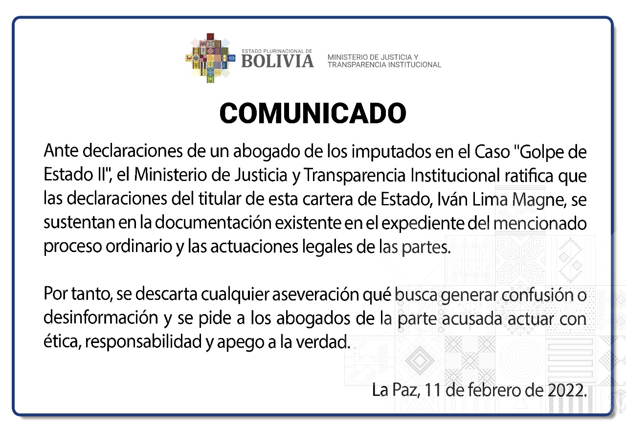 Caso golpe de Estado II: Ministerio de Justicia insta a la defensa de acusados a actuar con ética y apego a la verdad