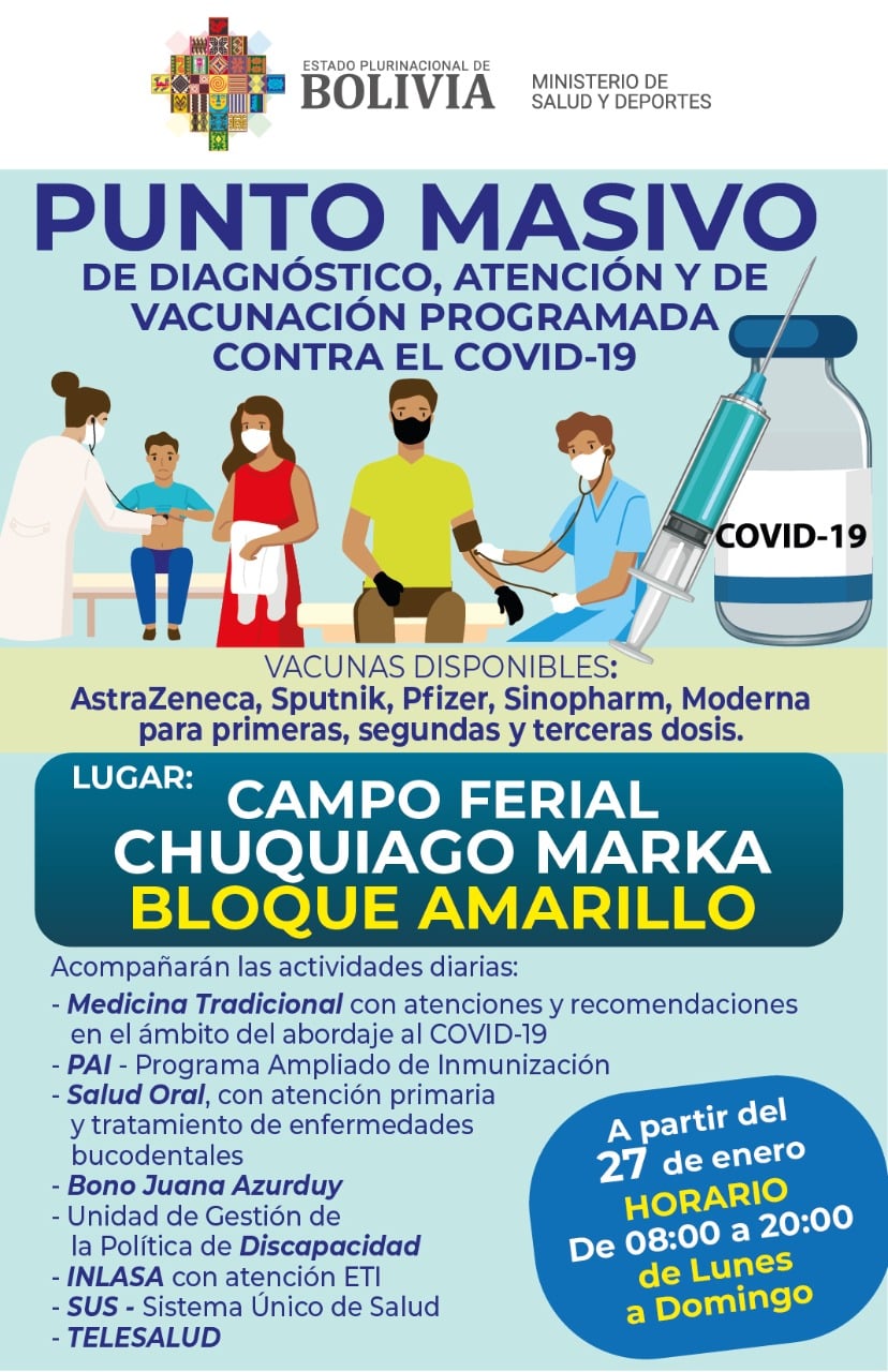 Salud habilitará punto de diagnóstico y vacunación en el Campo Ferial de La Paz