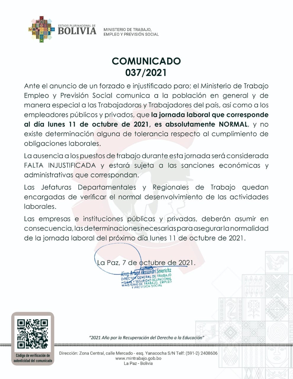 Ministerio de Trabajo: Jornada laboral del lunes 11 de octubre es absolutamente normal