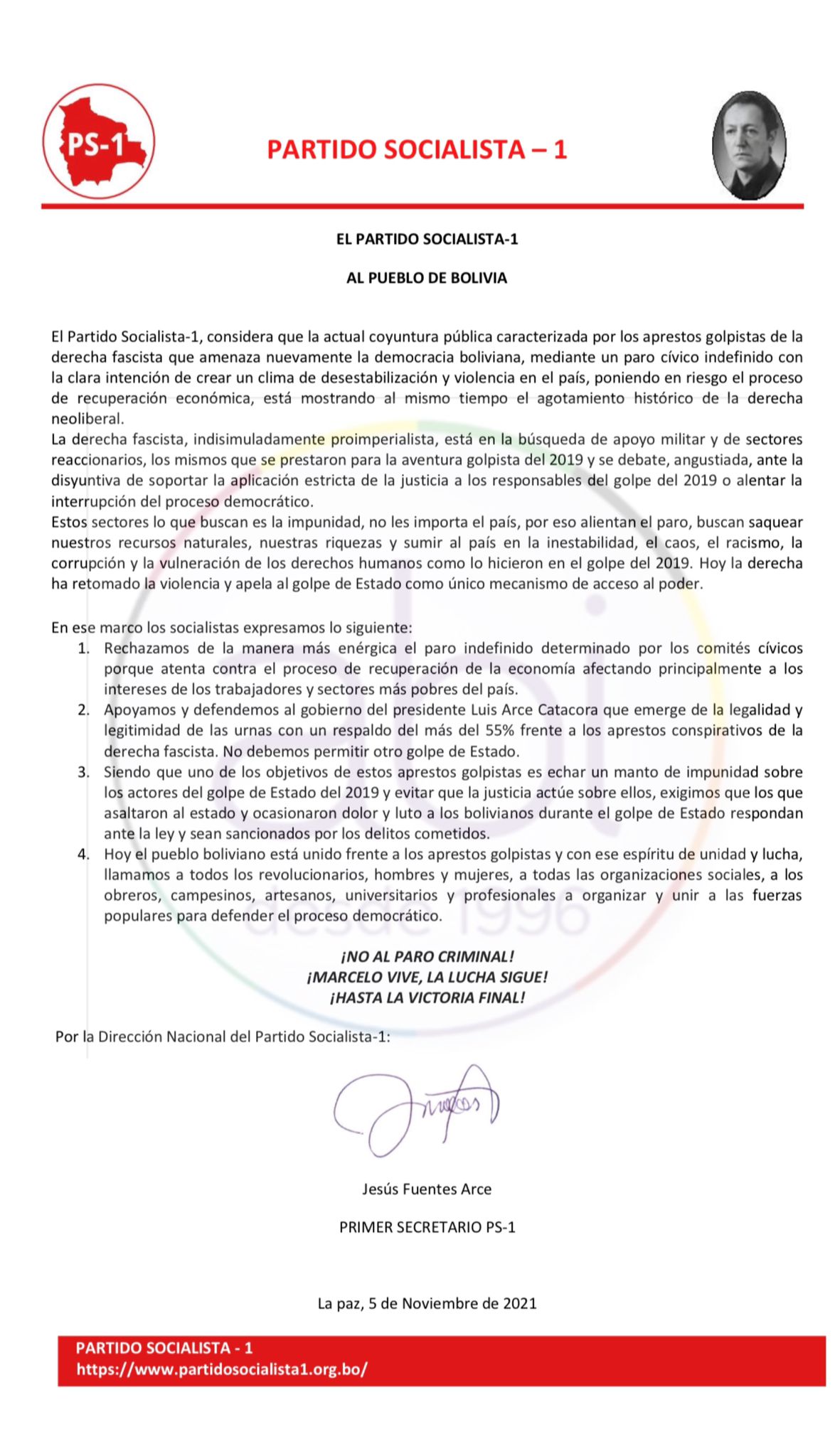 PS-1 rechaza el paro de comités cívicos y apoya al gobierno de Arce ante afanes “conspirativos de la derecha”