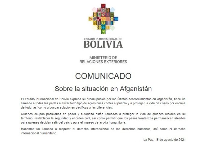 Bolivia expresa su preocupación por los últimos acontecimientos en Afganistán y pide evitar agresiones contra el pueblo