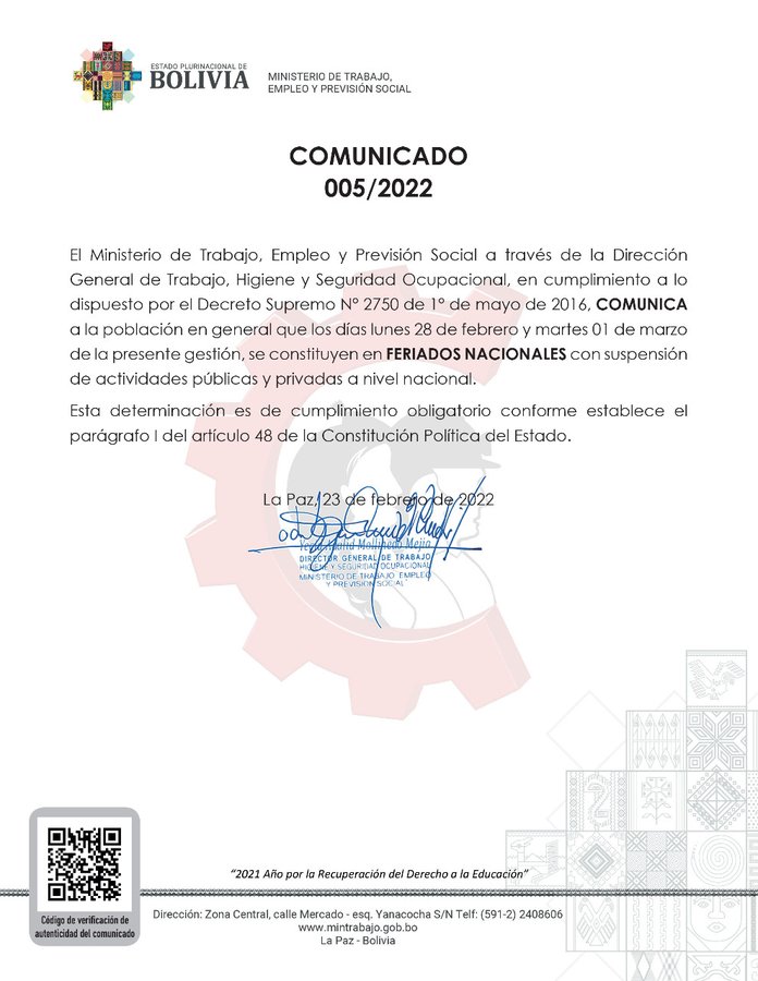 Trabajo confirma feriados para el lunes y martes con suspensión de actividades públicas y privadas