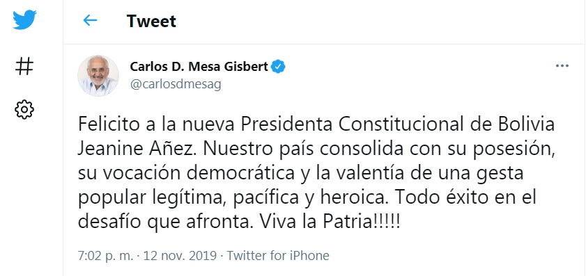Carlos Mesa busca distancia con Jeanine Áñez pero una exministra y un tuit evidencian su respaldo al gobierno de facto