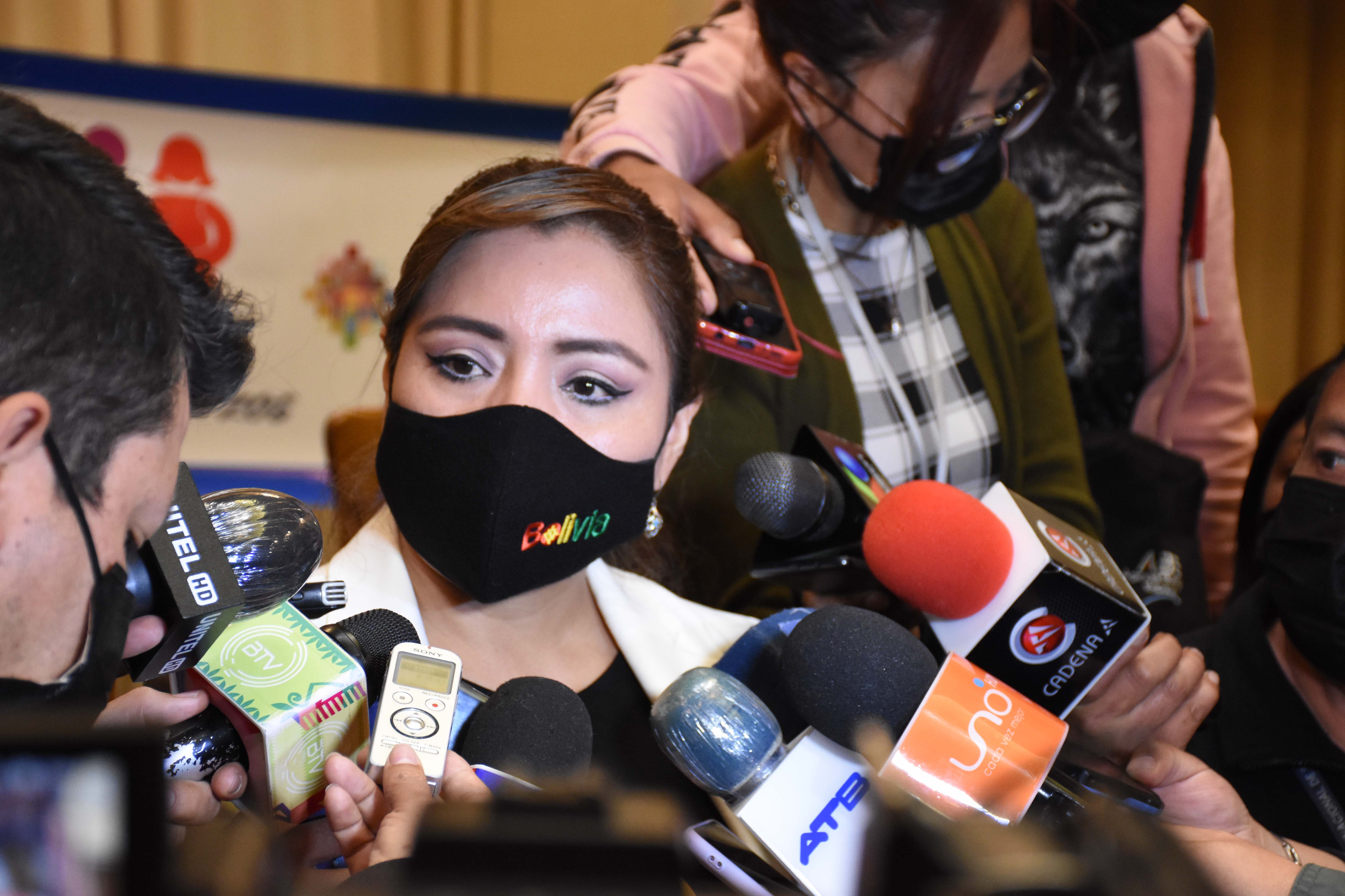 La viceministra de Comunicación Gabriela Alcón se dirige a los medios de comunicación en hall de la Vicepresidencia