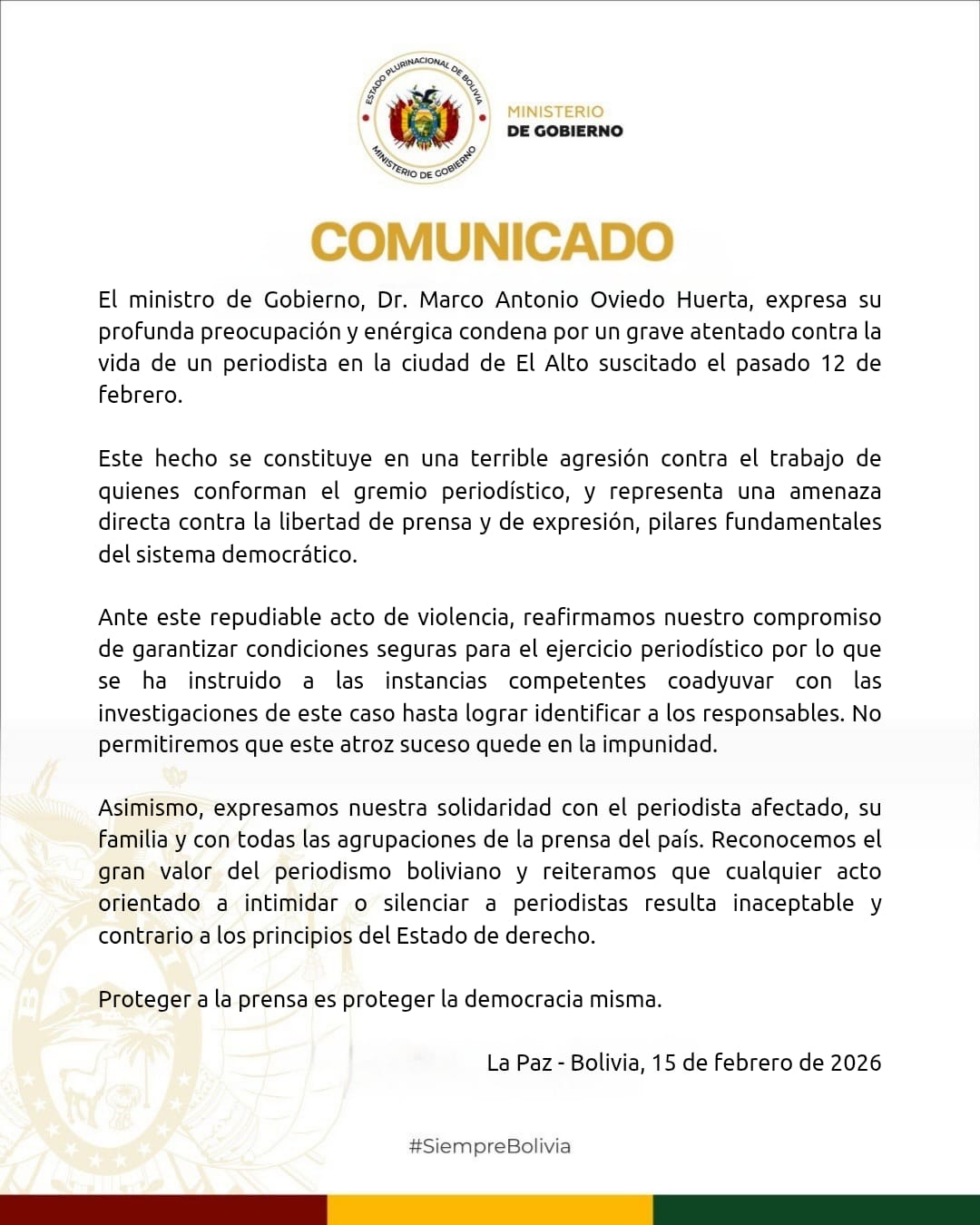 El comunicado fue publicado por el Ministerio de Gobierno.