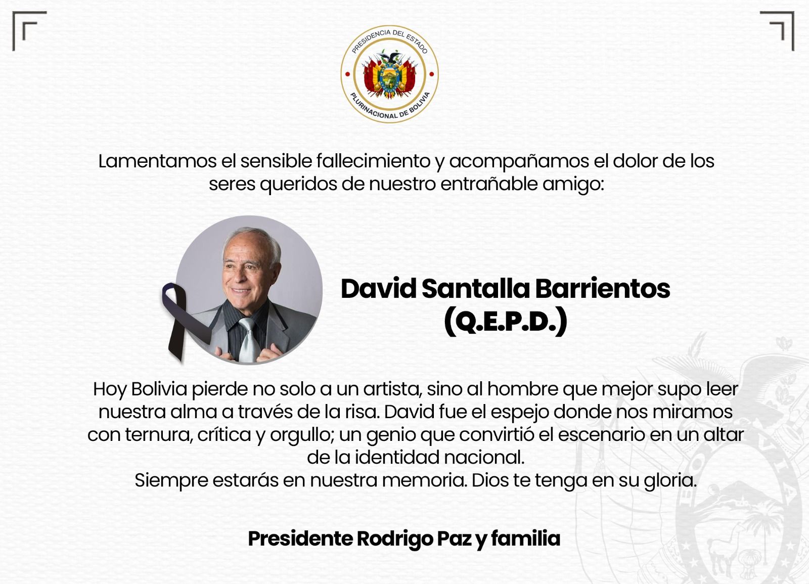 Condolencia del presidente de Bolivia, Rodrigo Paz, por la muerte de David Santalla. Foto: Redes Sociales.