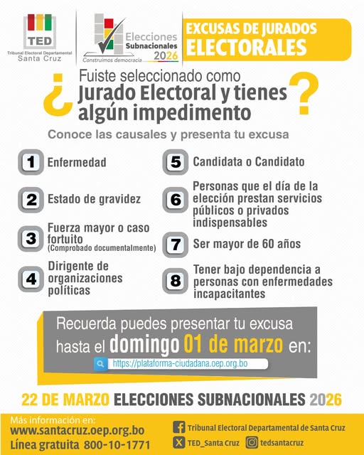 Razones de excusas para los jurados electorales en las Elecciones Subnacionales 2026. Foto: TED Santa Cruz.