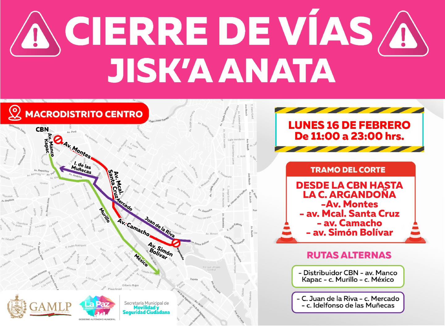 Imagen con el detalle del cierre de vías y rutas alternas por el Jisk'a Anata. Foto: GAMLP.