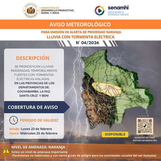 Alerta naranja emitida por el Senamhi. Foto: Senamhi.