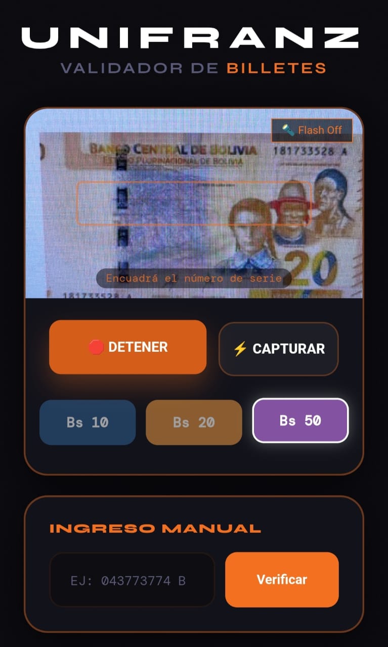 Imagen: Captura del "Validador de Billetes Unifranz”.