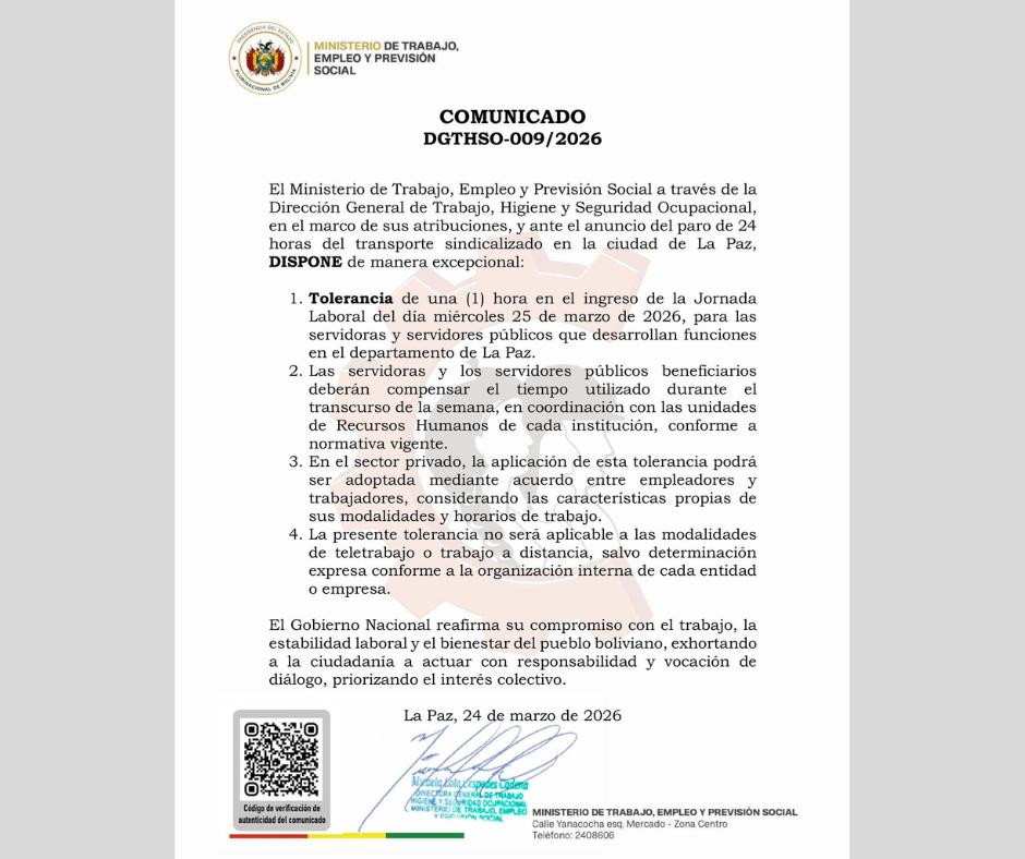 Comunicado Ministerio de Trabajo ante paro de 24 horas del transporte en La Paz.