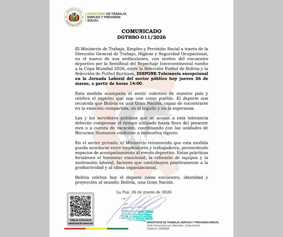 Comunicado de tolerancia excepcional emitido por el Ministerio de Trabajo por el partido Bolivia vs. Surinam.