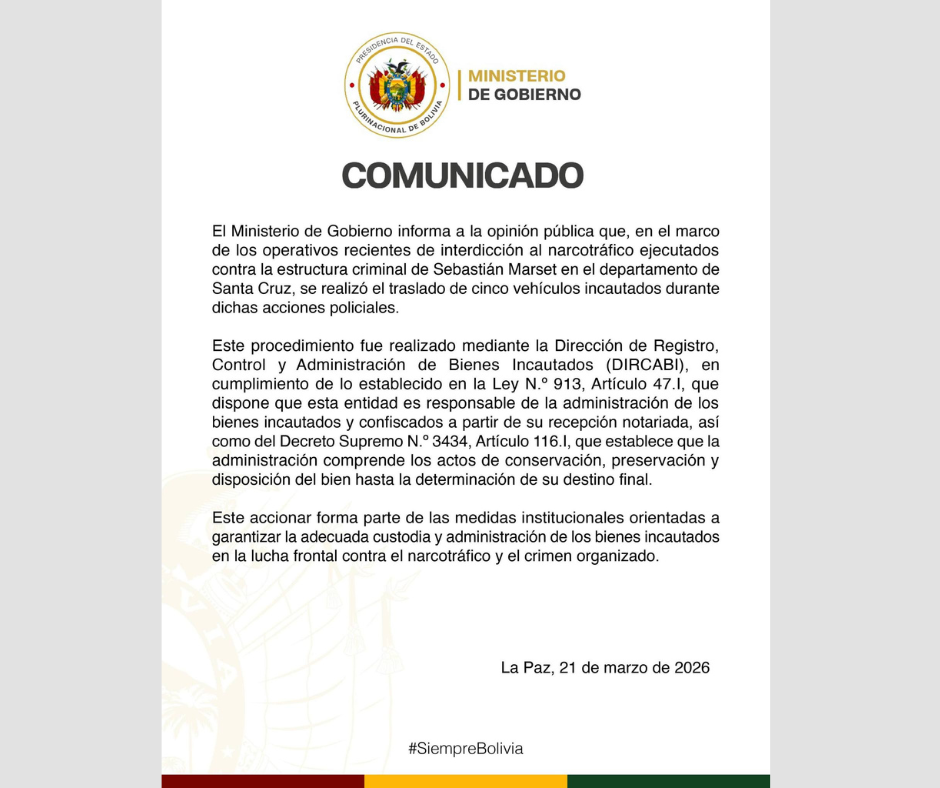 Comunicado del Ministerio de Gobierno. Foto: Ministerio de Gobierno.
