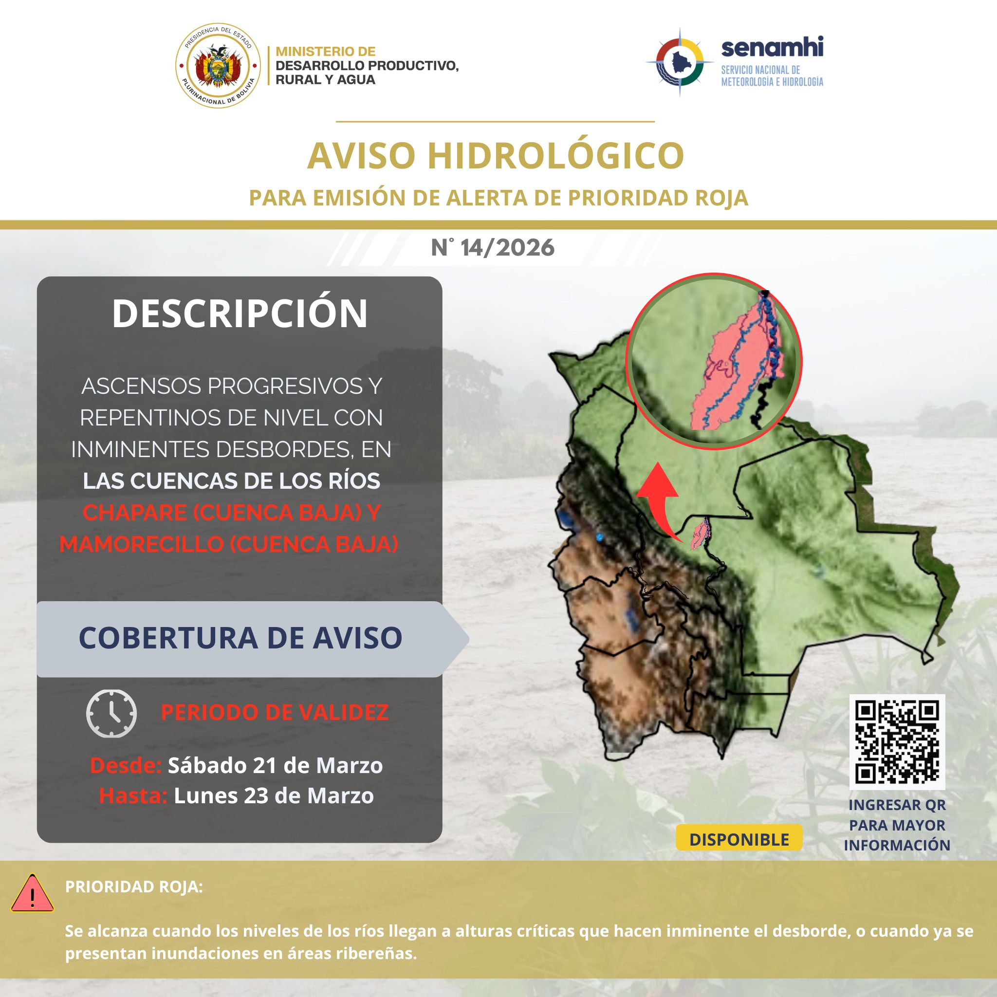 Alerta roja emitida por el Senamhi para dos ríos en Cochabamba. Foto: Senamhi.