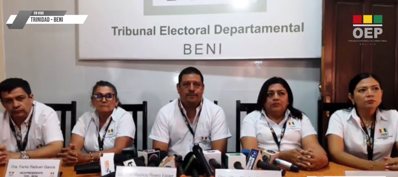 Vocales del TED de Beni en conferencia de prensa. Foto: Captura de pantalla