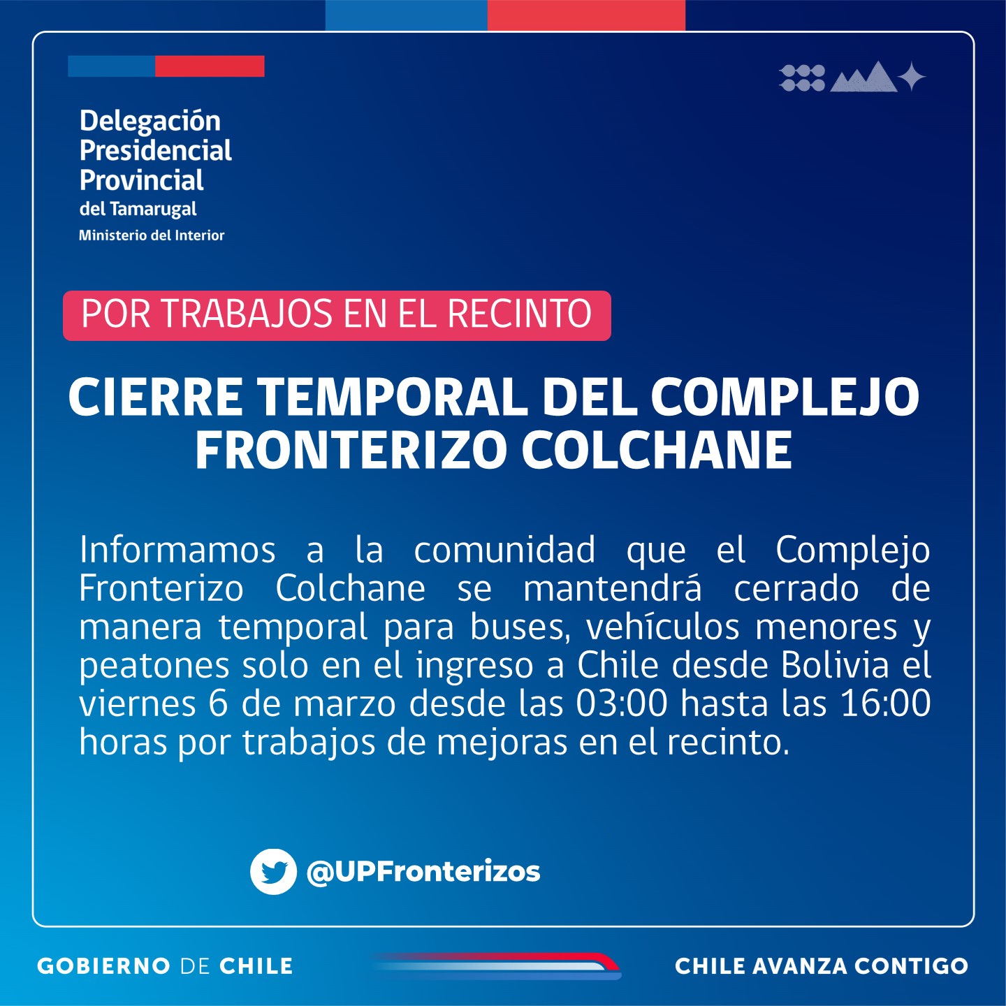 Comunicado del cierre del acceso hacia Chile por el Complejo Fronterizo Colchane. Foto: Redes Sociales.