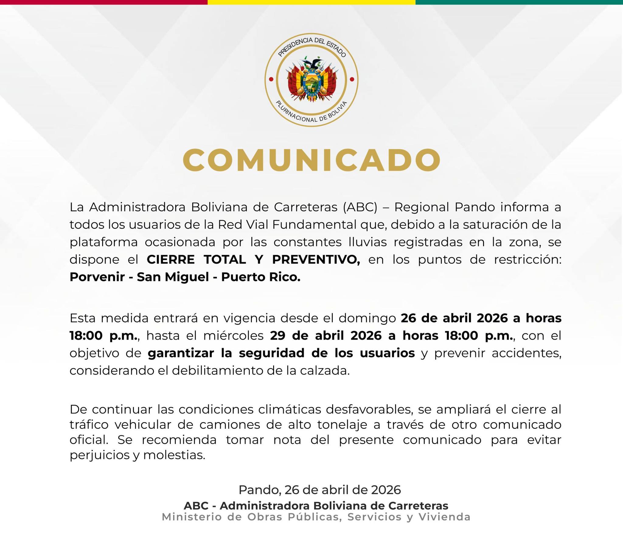 Comunicado emitido por la ABC en Pando.