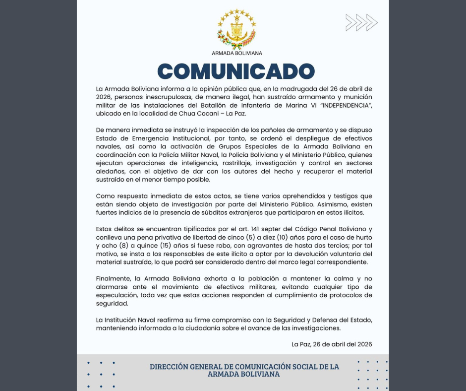 Comunicado emitido por la Armada Boliviana.