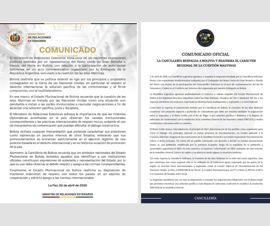 Comunicados emitidos por la Cancillería de Bolivia y de Argentina.