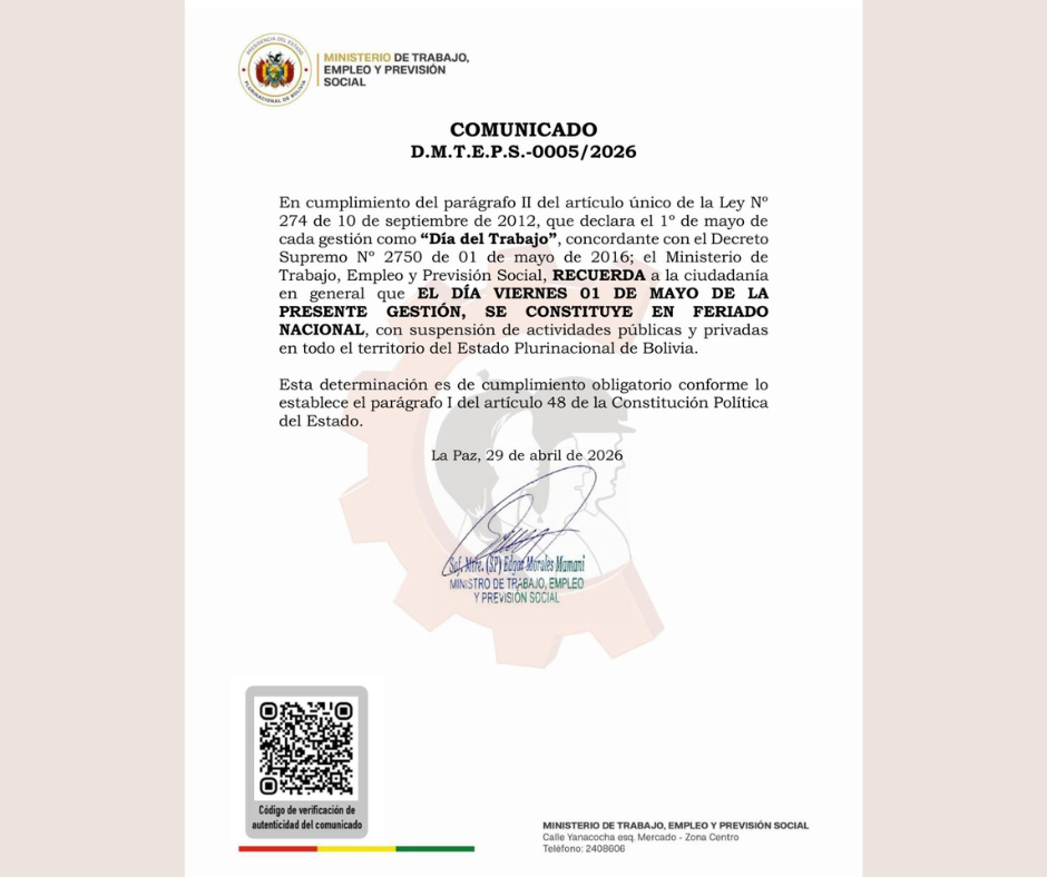 Comunicado del feriado nacional por el 1 de mayo.