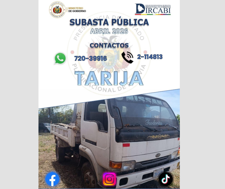 Anuncio de Dircabi de primera subasta pública del año en Tarija. Foto: Dircabi.