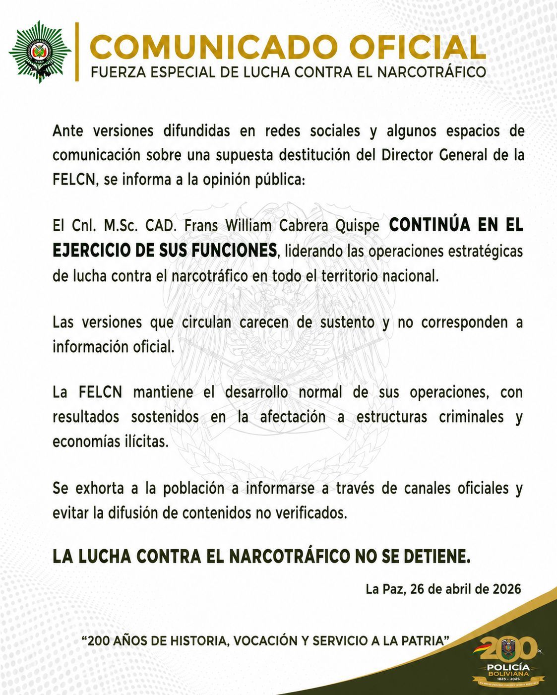 Comunicado emitido por la Felcn.