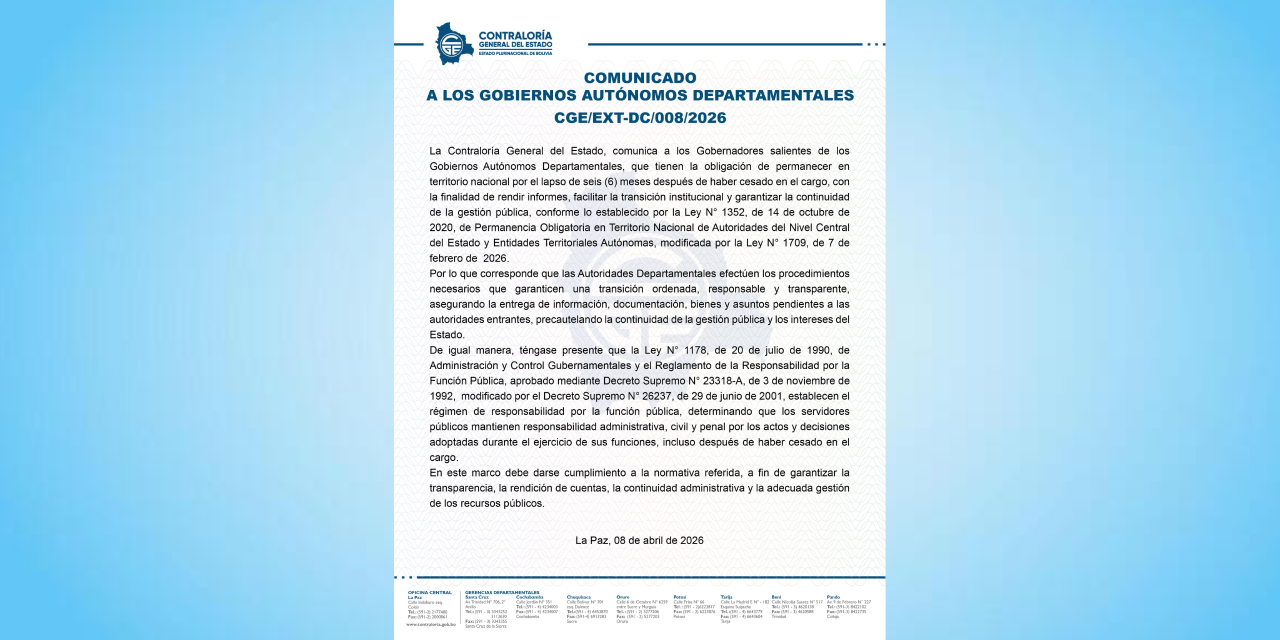 Comunicado Contraloría General del Estado.