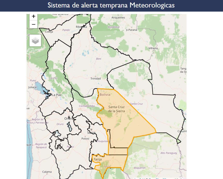 Reporte de ingreso de frente frío en tres departamentos de Bolivia. Foto: Captura Senamhi.