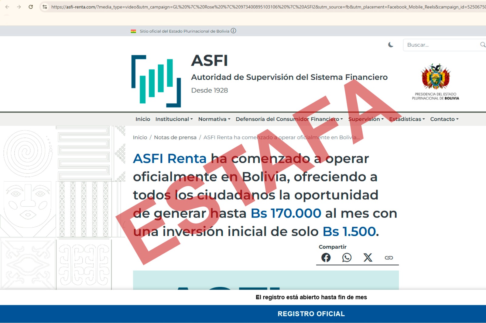 ASFI alertó sobre la circulación de un sitio web fraudulento denominado “asfi-renta.com".
