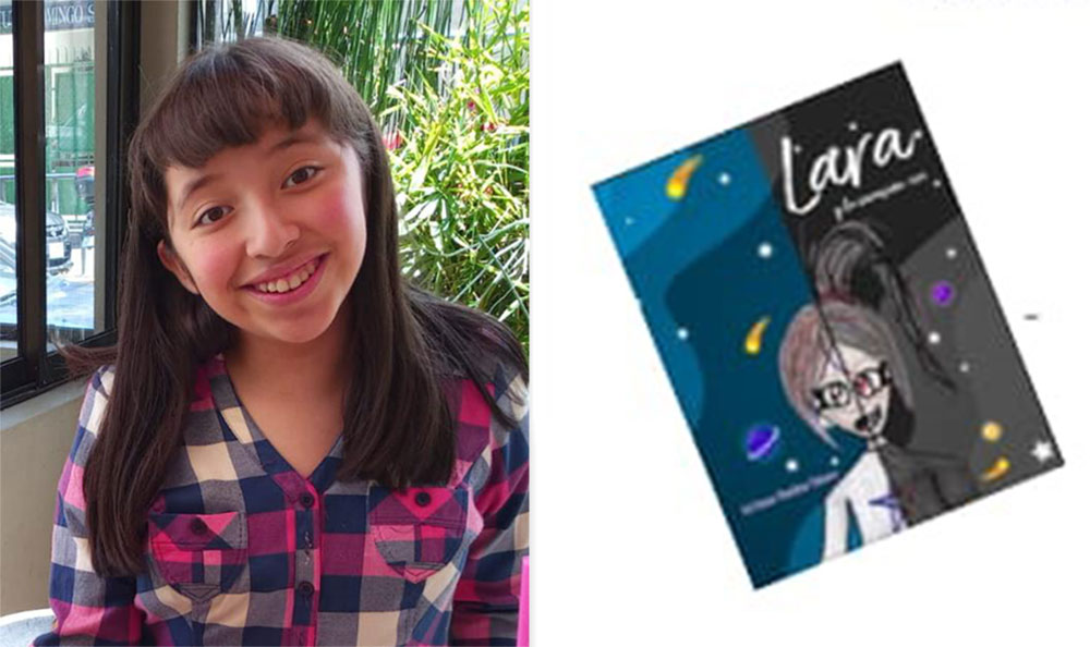 Sol Susan Washima Velasco junto a la portada del libro.