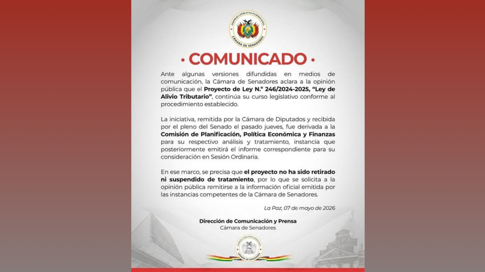 Comunicado emitido por la Cámara de Senadores.