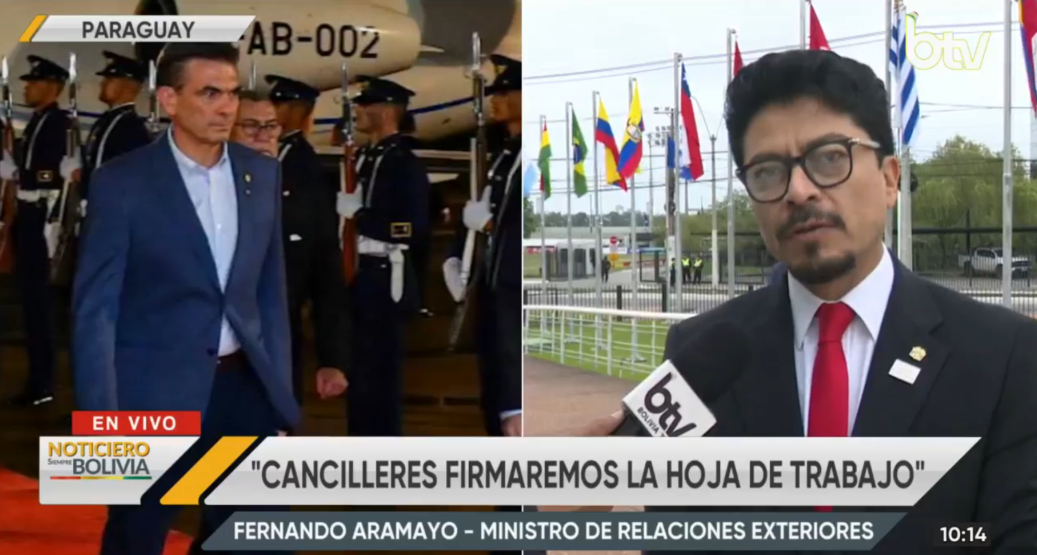 El canciller Fernando Aramayo en entrevista con Bolivia Tv desde Paraguay. Foto: Captura Bolivia Tv.