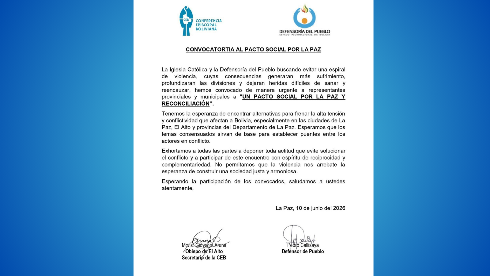 Convocatoria a pacto social por parte de la Iglesia Católica y Defensoría del Pueblo.