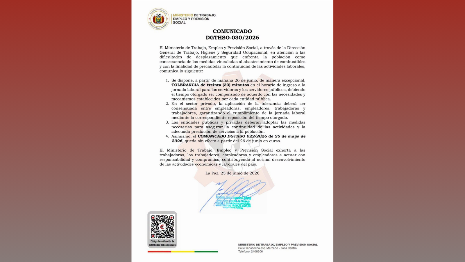 Comunicado emitido por el Ministerio de Trabajo.