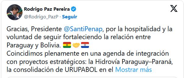 Publicación del Presidente del Estado, Rodrigo Paz, en su cuenta en la red social X.