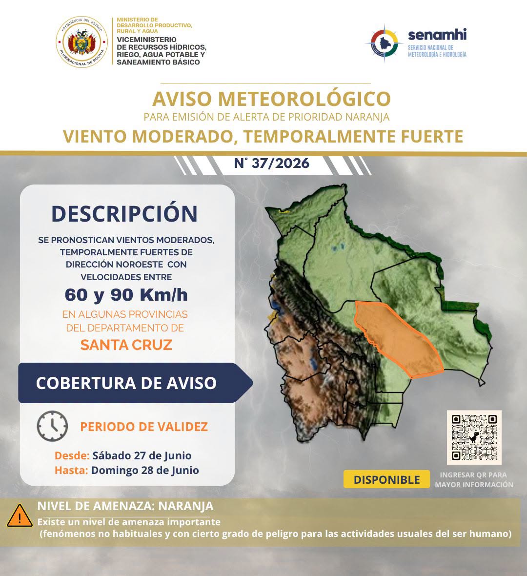 Emisión de alerta naranja por el Senamhi.