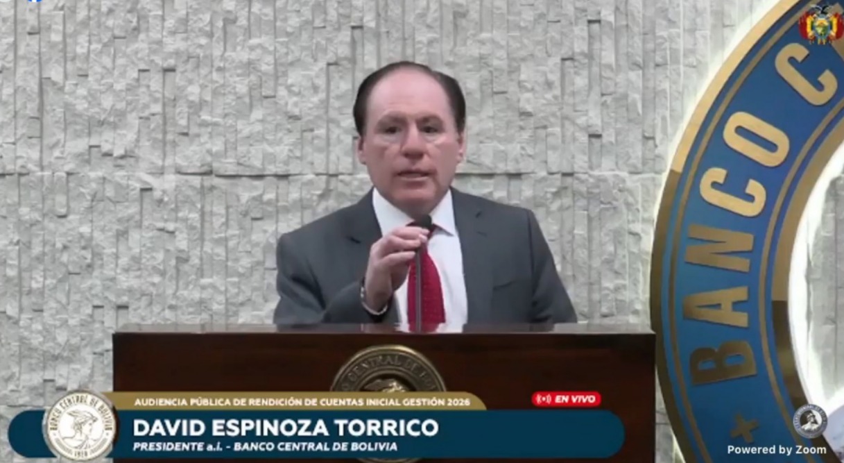 El presidente del BCB, David Espinoza, en conferencia de prensa. Imagen: Captura.