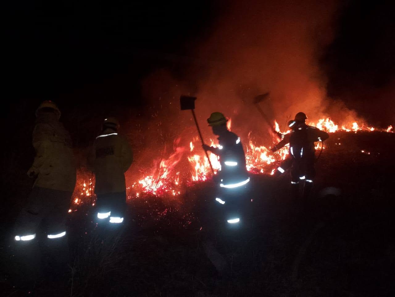 Bomberos trabajan en la mitigación de un pasado incendio forestal. Foto: Defensa Civil - archivo