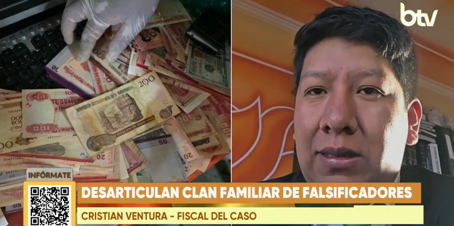 Fiscal asignado al caso de billetes falsificados en Achocalla, Cristian Ventura. Foto: Captura Bolivia Tv.