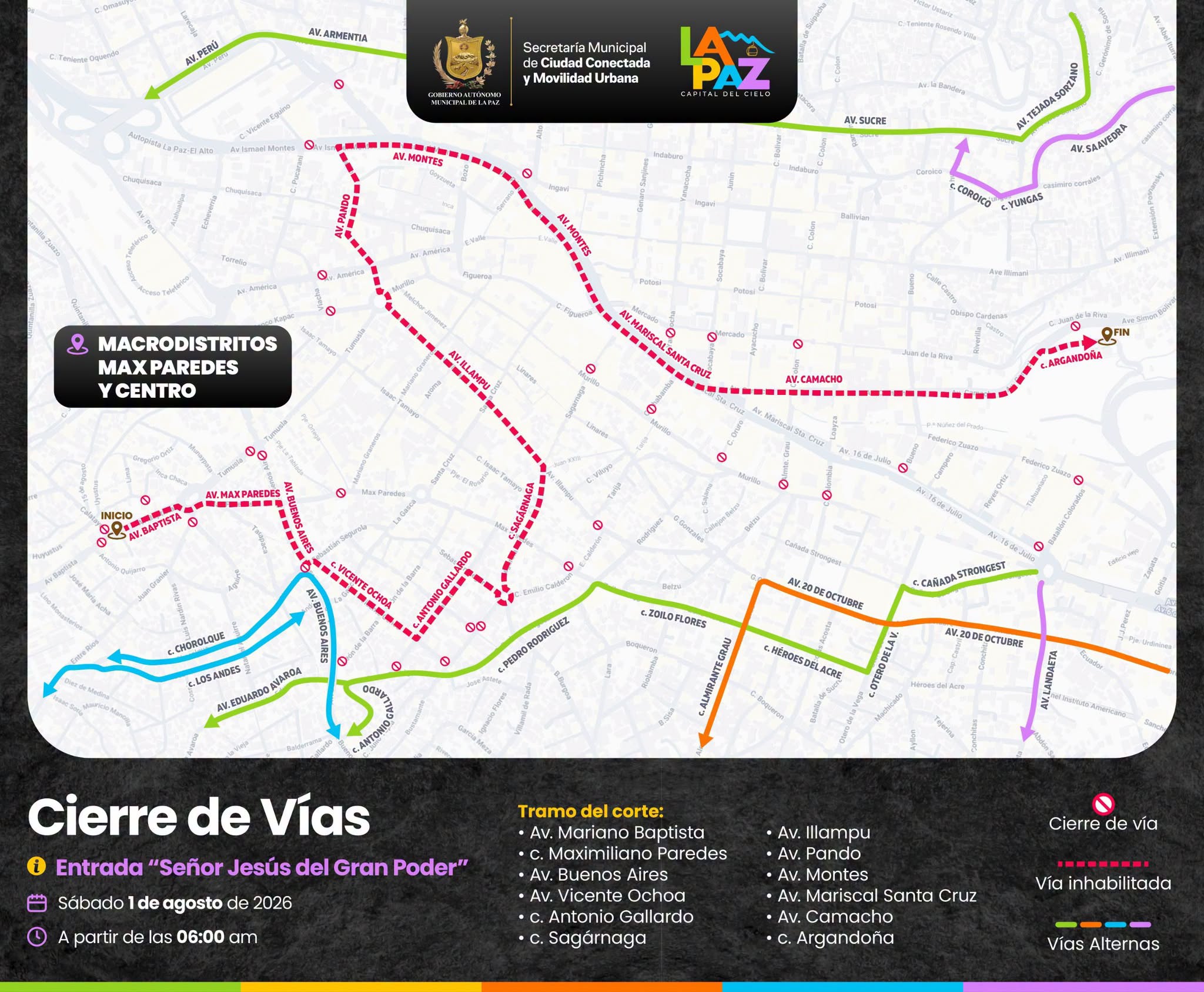 Mapa de cierre de vías por la Entrada del Gran Poder. Foto: Alcaldía de La Paz.