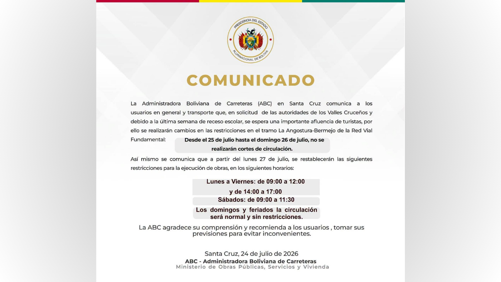 Comunicado emitido por la Administradora Boliviana de Carreteras.