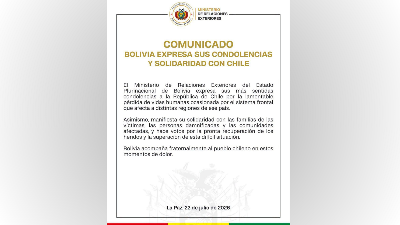 Comunicado emitido por el Ministerio de Relaciones Exteriores de Bolivia.
