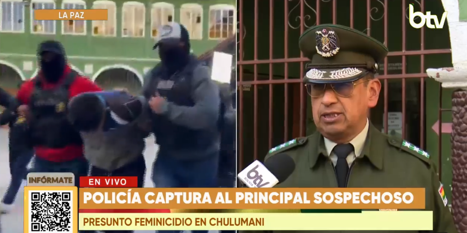 Jefe policial de la Felcv, Miguel Zambrana, informa sobre captura de acusado de feminicidio en Chulumani. Foto: Captura Bolivia Tv.