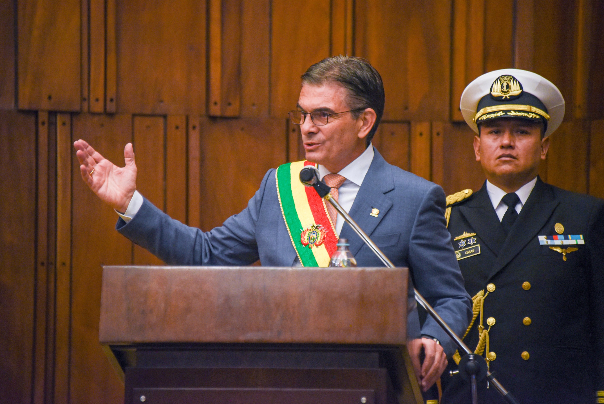 El presidente Rodrigo Paz en la sesión de honor por los 217 años de la gesta libertaria de La Paz. Foto: Oficina del Presidente.
