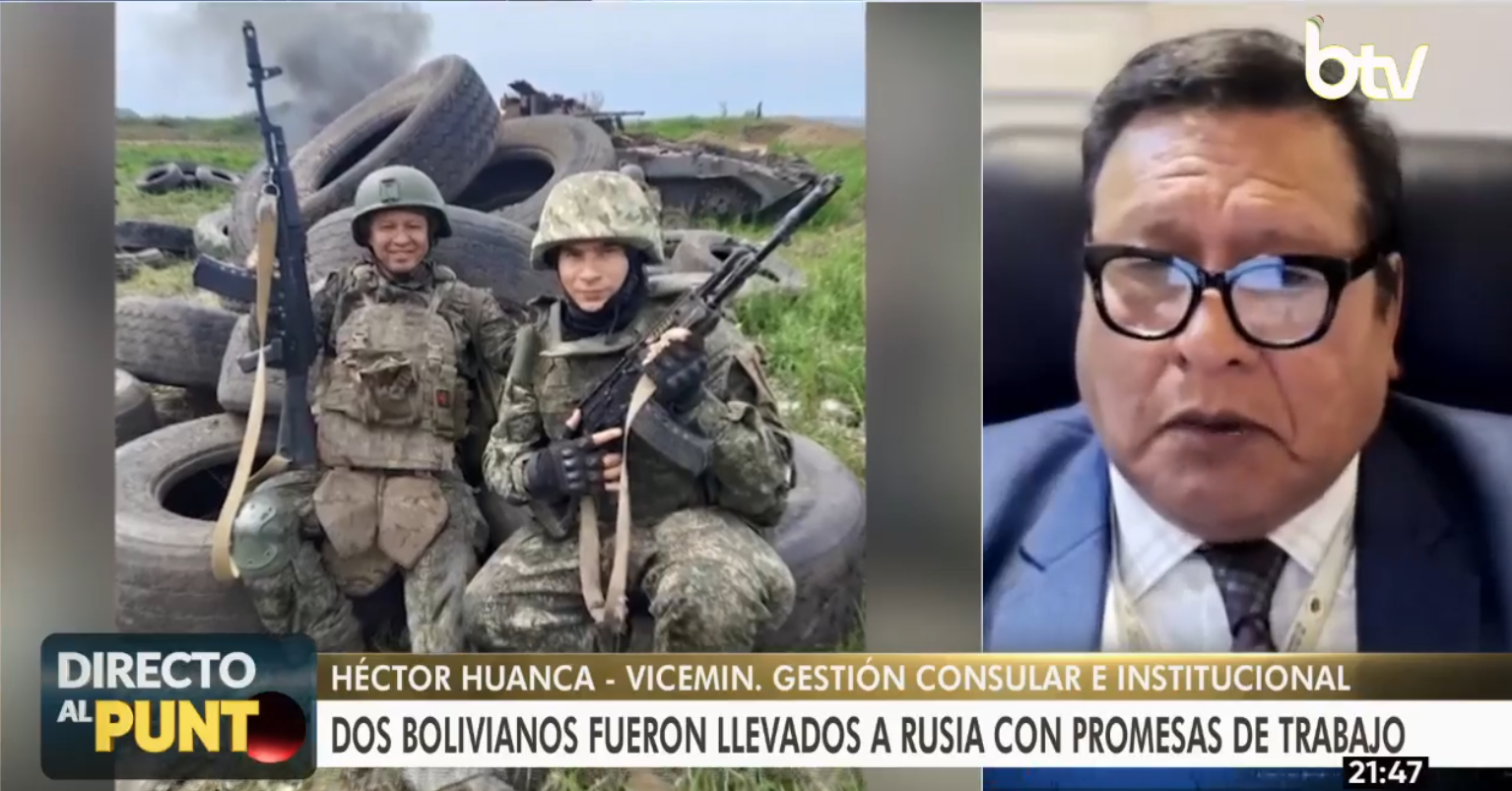 Viceministro de Gestión Consular e Institucional, Héctor Huanca, se refiere a compatriotas bolivianos en Rusia. Foto: Captura Bolivia Tv.