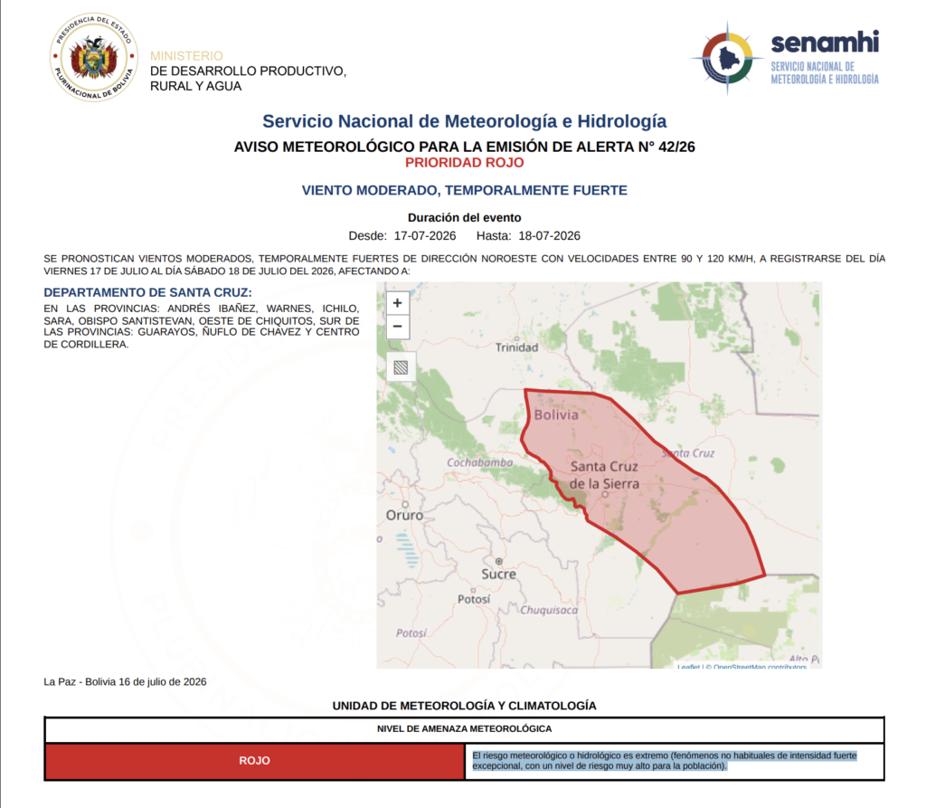 Alerta metereológica roja emitida por el Senamhi.